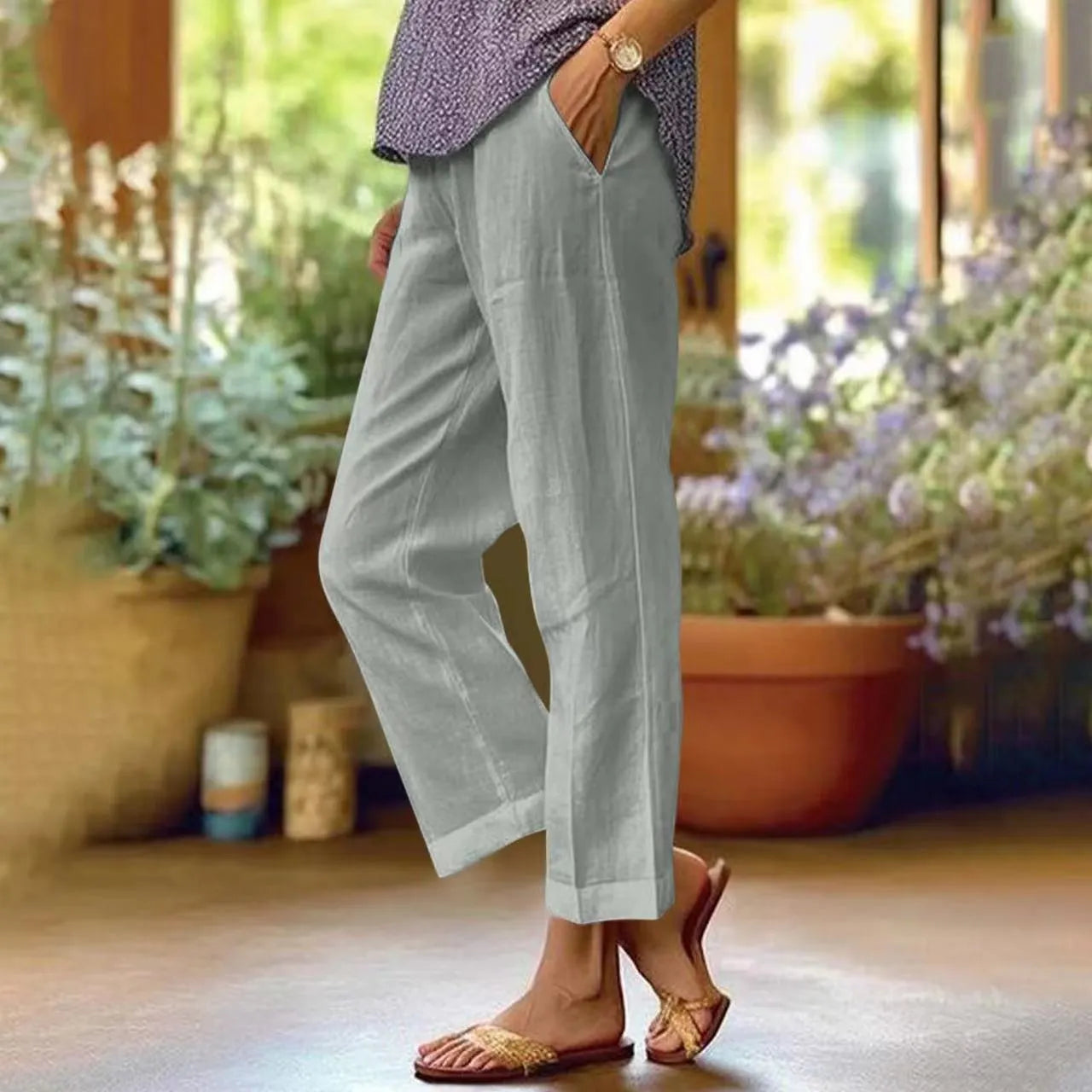Loose Solid Color Elastic Waist Pocket Straight Cotton And Linen Casual Pants