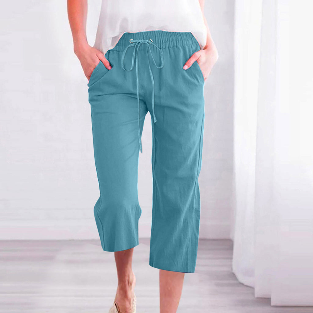 Women's Casual Summer Linen Pants High Waisted Loose Yoga Sweatpants Crop Pants with Pockets