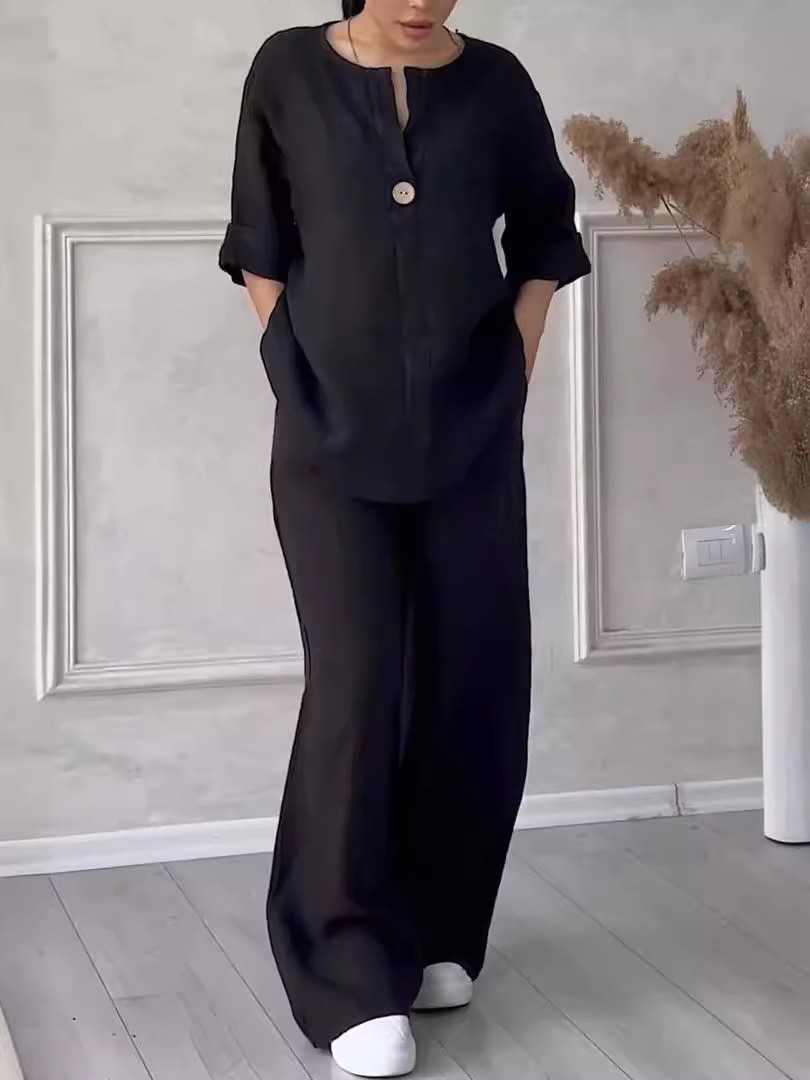 Women's Comfortable Loose Top Wide-Leg Pants Casual Cotton And Linen Suit