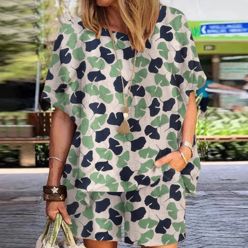 Women'S Polka Dot Print Round Neck Loose Short Sleeve Shorts Two-Piece Set
