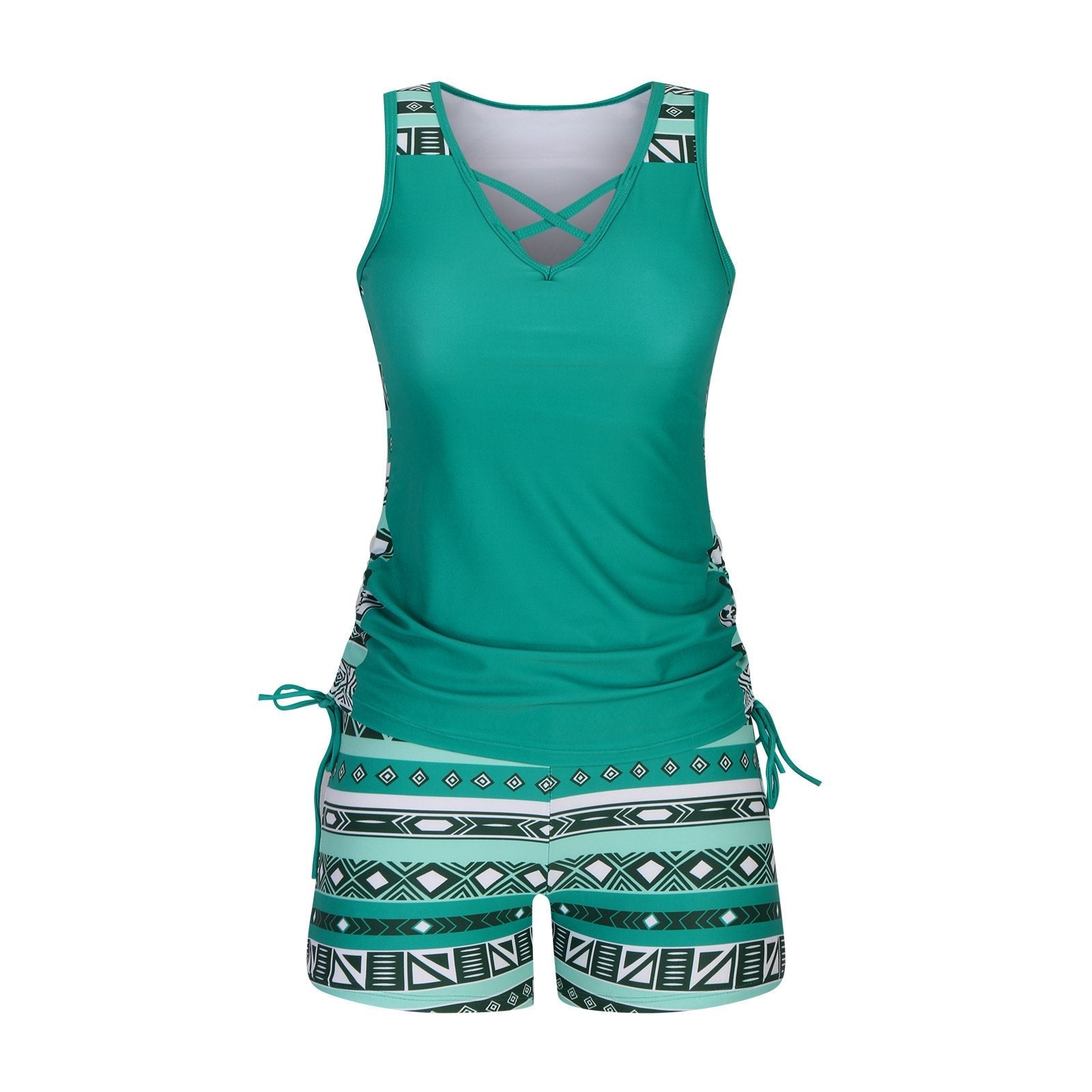 Women's Tummy Control Tankini Set with Built-In Bra – Flattering Boho Swimwear with Shorts