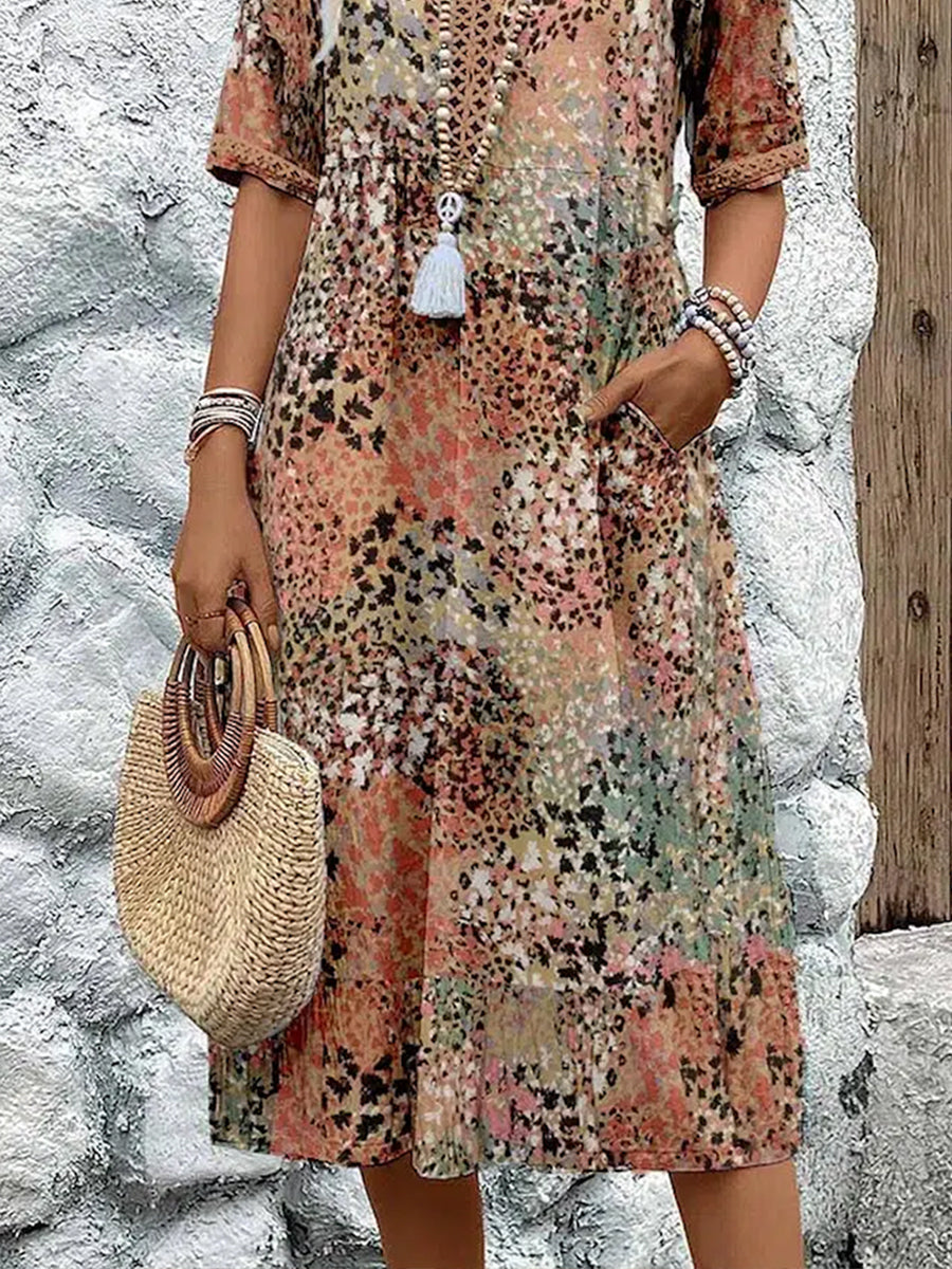 Women's Short Sleeve Summer Leopard Lace Dress V Neck Daily Going Out Casual Knee Length A-Line Khaki
