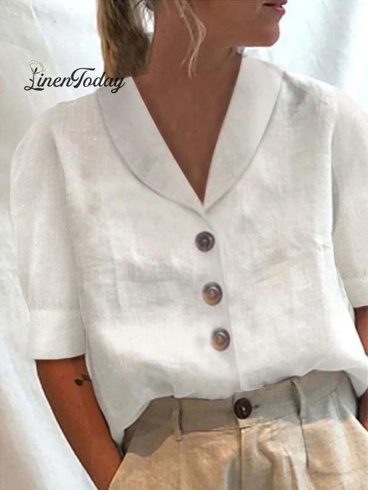 Women's Cotton Linen Casual Button-Up Shirt