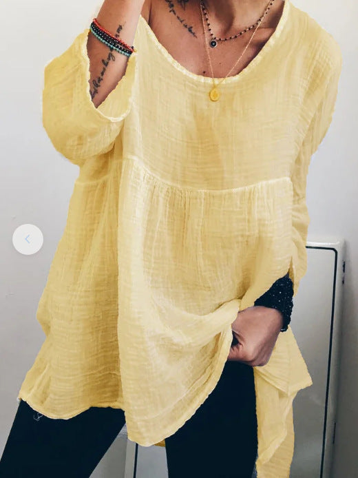 Women's Casual Cotton Linen Round Neck Long Sleeve T-Shirt