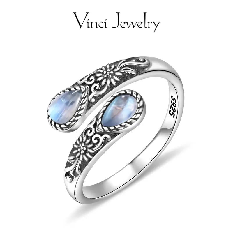 Natural Moonstone Open Rings for Women — Sterling Silver Adjustable Thumb Ring, Healing Crystal Statement Jewelry