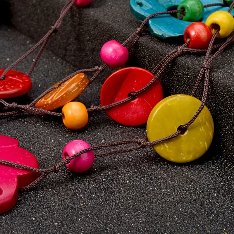 Handmade Boho Multilayer Wooden Multicolor Flower Necklace