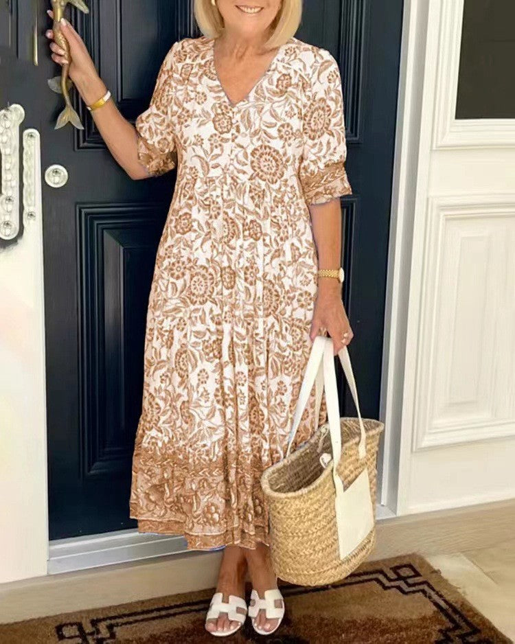 🏆New Style-49%OFF🔥Boho Deep V Half Sleeve Dress Loose Floral Skirt