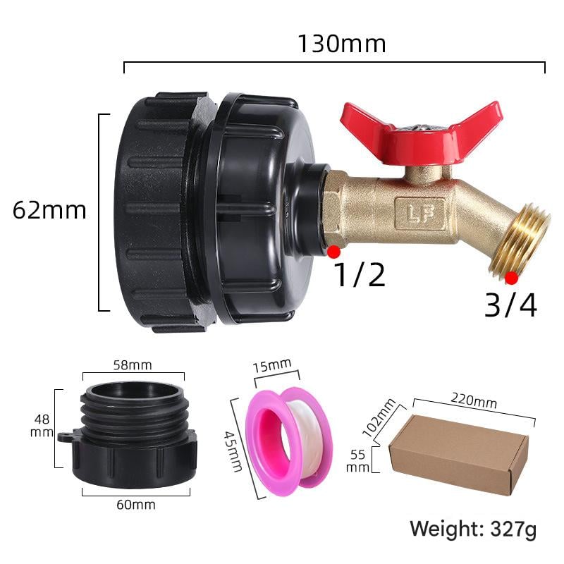275-330 Gallon IBC Tote Tank Adapter - 2.44" Fine Thread, 1/2" NPT × 3/4" GHT Male Fittings with Garden Hose Quick Connector