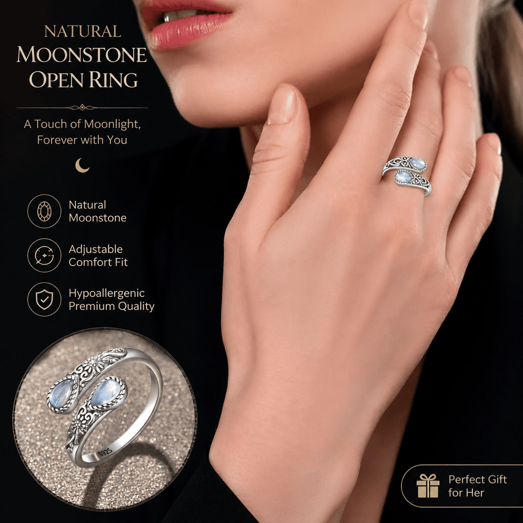 Natural Moonstone Open Rings for Women — Sterling Silver Adjustable Thumb Ring, Healing Crystal Statement Jewelry