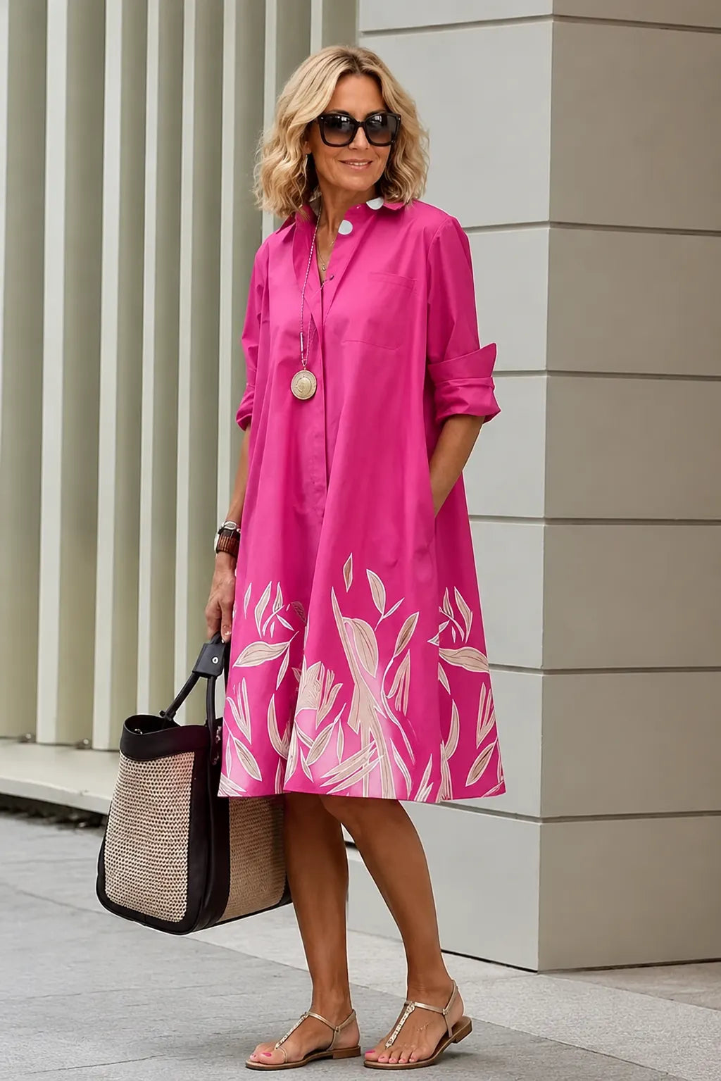 Printed Mid-Length Long Sleeve Shirt Dress for Women