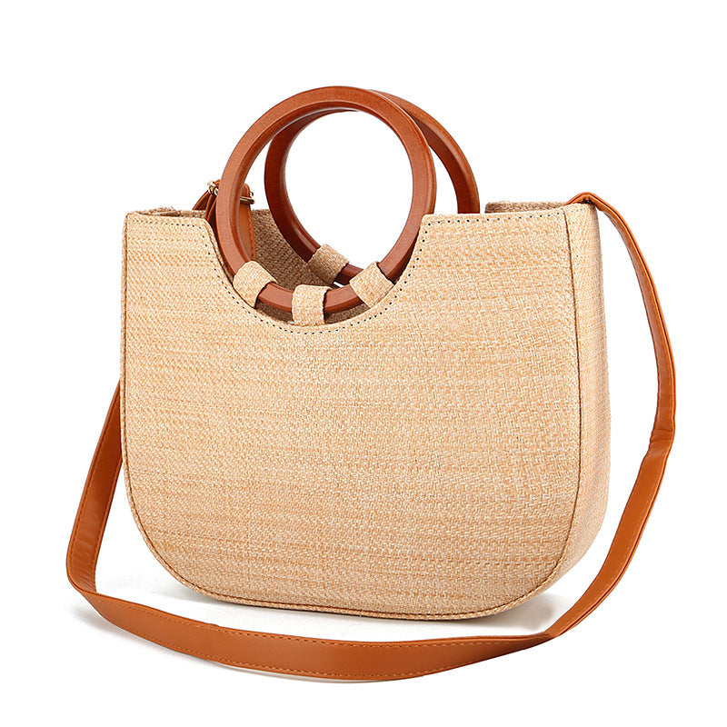 Wooden Handle Handbag Straw Shoulder Bag for Women