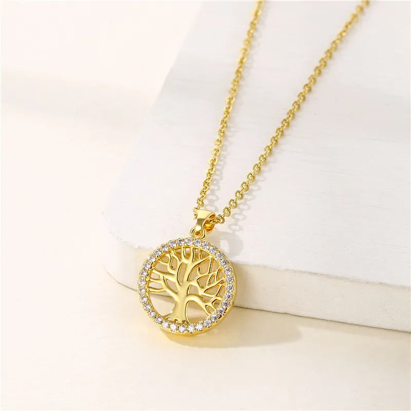 Round Hollow Tree of Life Pendant Necklace Geometric Clavicle Chain