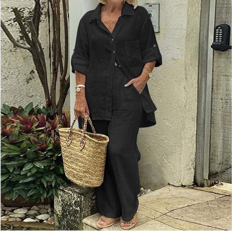Solid Color Shirt And Pants Two-Piece Set