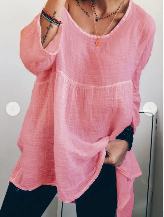 Women's Casual Cotton Linen Round Neck Long Sleeve T-Shirt