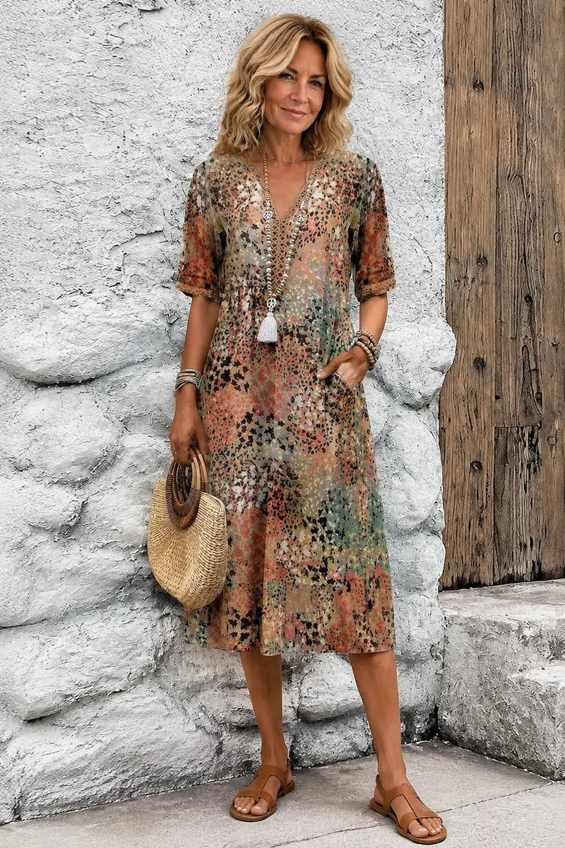 Women's Short Sleeve Summer Leopard Lace Dress V Neck Daily Going Out Casual Knee Length A-Line Khaki