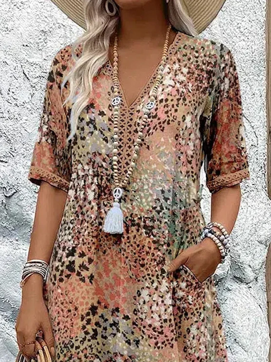Women's Short Sleeve Summer Leopard Lace Dress V Neck Daily Going Out Casual Knee Length A-Line Khaki