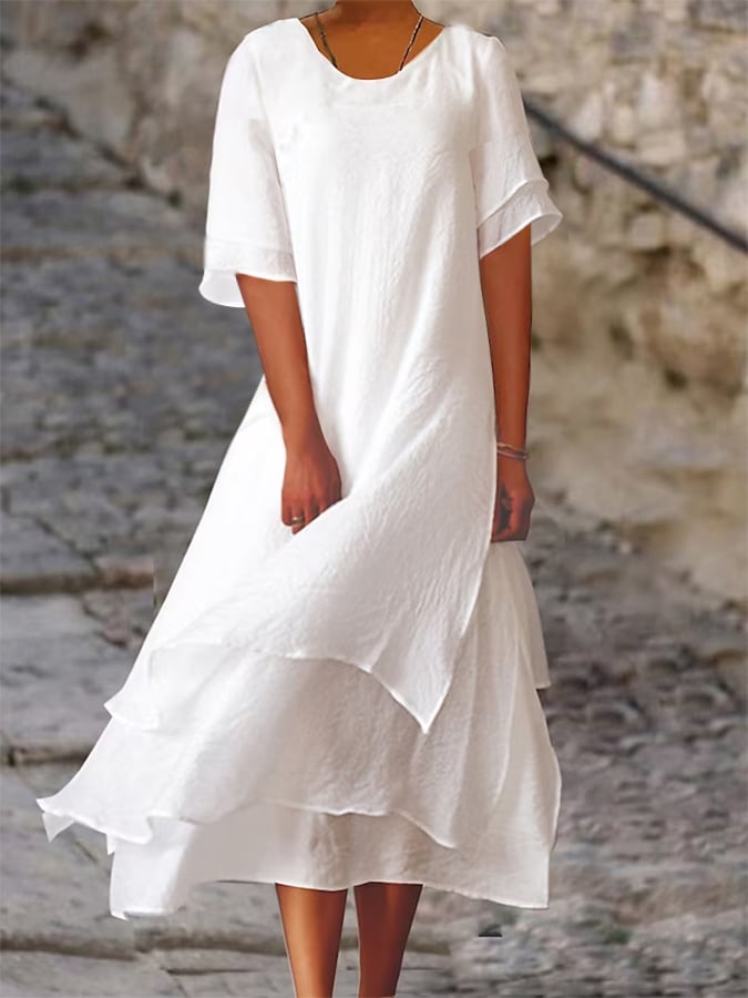 Polyester Cotton Double-Layer Color-Block Slit Short-Sleeved Round Neck Dress