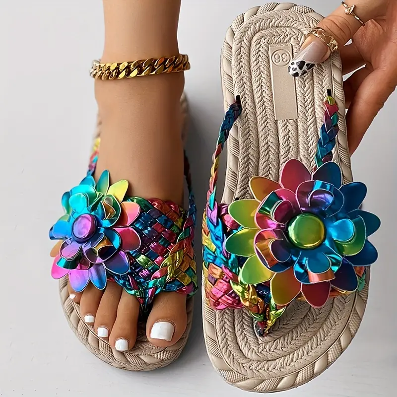 Women's Colorful Floral Decor Thong Sandals