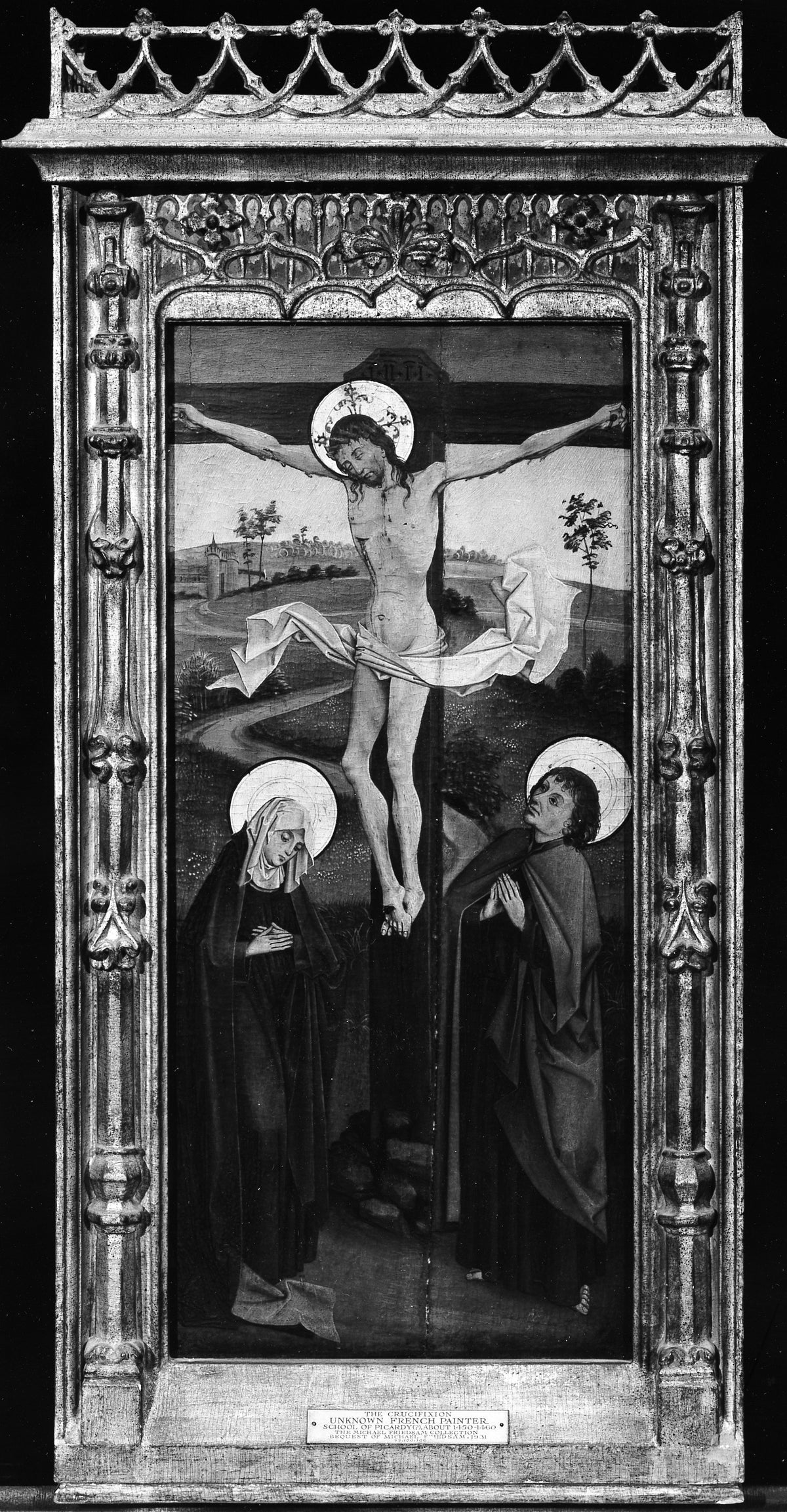 The Crucifixion, reverse Saint Francis of Assisi The Resurrection, reverse An Abbot Saint, Possibly Saint Benedict by Northern French Painter - Classic Art canvas print
