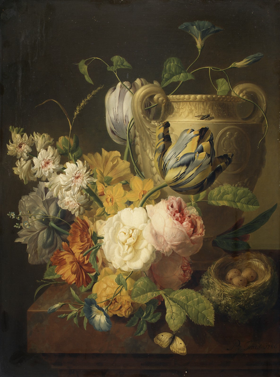 Flowers by a Stone Vase by Peter Faes - Classic Art canvas print