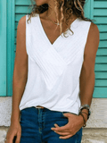 Women's Solid Color Pleated V-Neck Sleeveless Tee