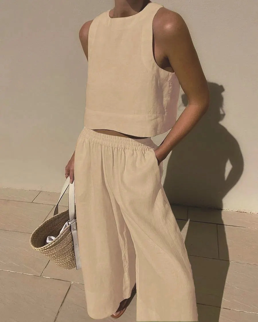 Women'S Casual Solid Color Cotton And Linen Two-Piece Suit