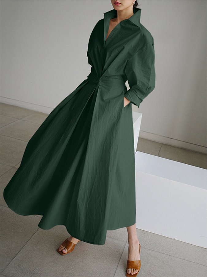 Women's Solid Pocket Button Lapel Long Sleeve Maxi Shirt Casual Dress