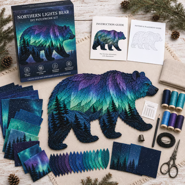 🔥LAST DAY 50% OFF - 🐻Northern Lights Wildlife DIY Patchwork Kit | Aurora Layered Fabric Art, Beginner Sewing Decor & Handmade Nature Gift