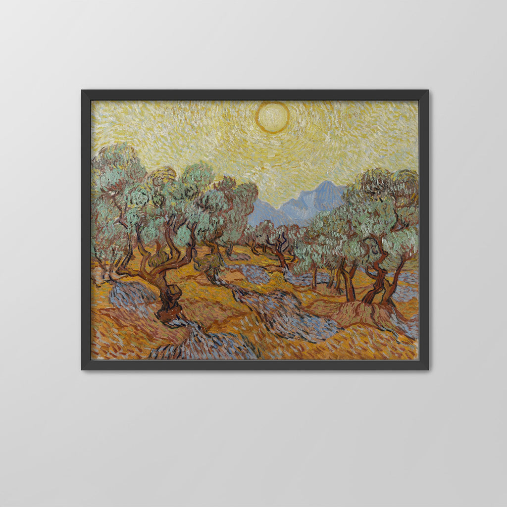 Olive Trees with Yellow Sky and Sun Canvas Print
