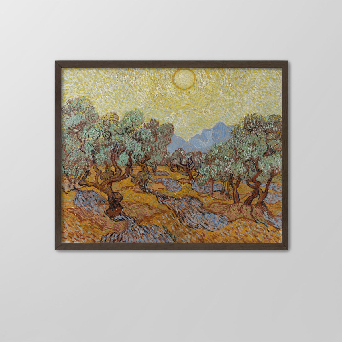 Olive Trees with Yellow Sky and Sun Canvas Print