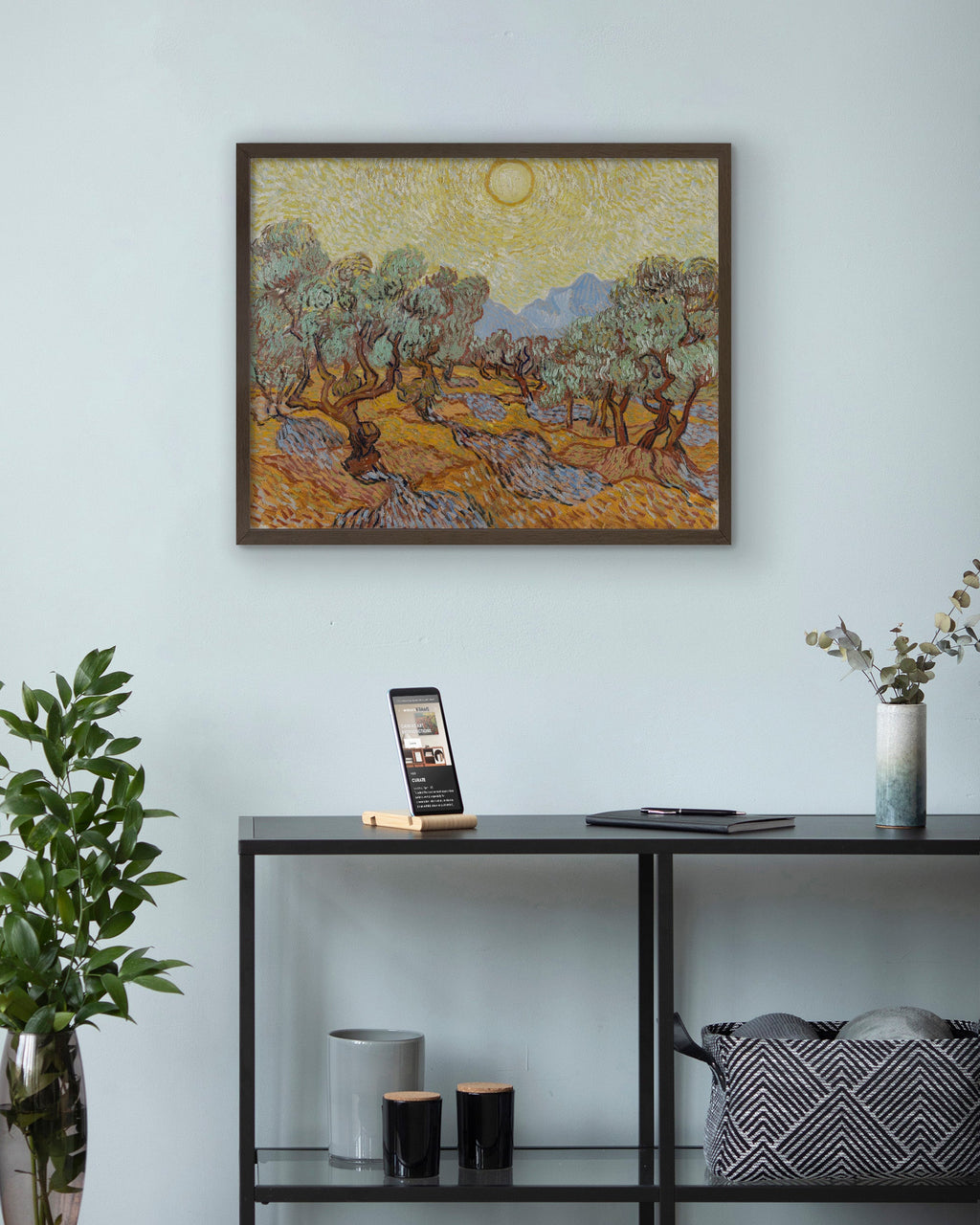 Olive Trees with Yellow Sky and Sun Canvas Print