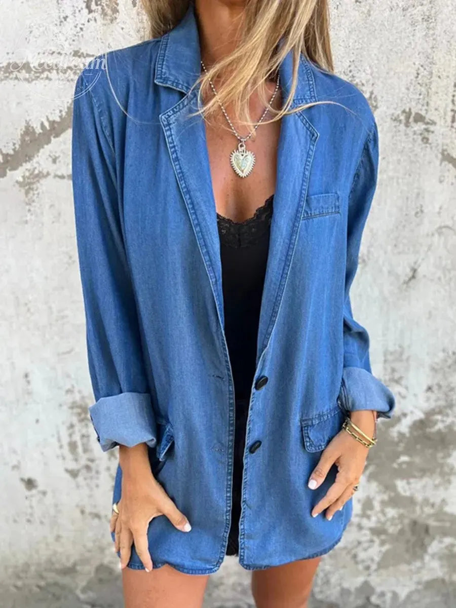 Women's Denim Cardigan Blazer Coat Notched Lapel Collar Casual Button Down Jacket with Pockets