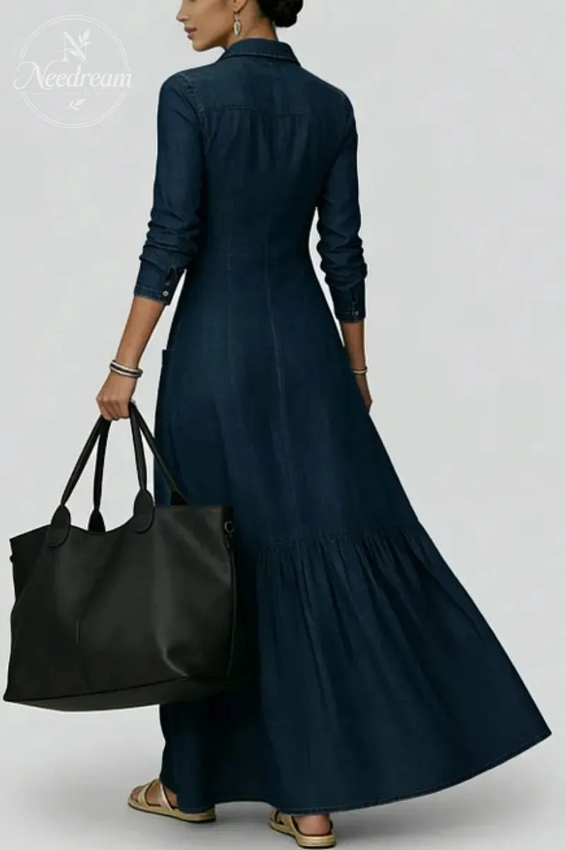 Women's Casual Shirt Collar Long Sleeve Pocket Single Breasted Denim Maxi Dress