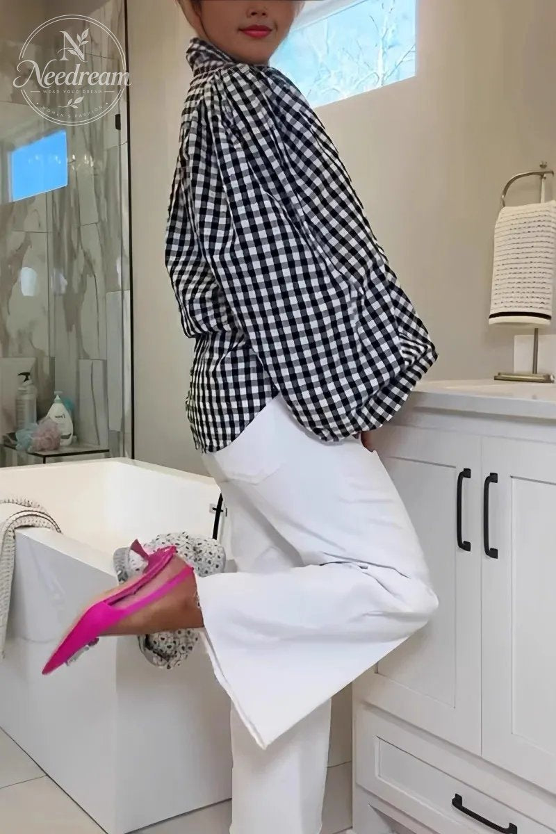 Lantern Sleeve Plaid Shirt