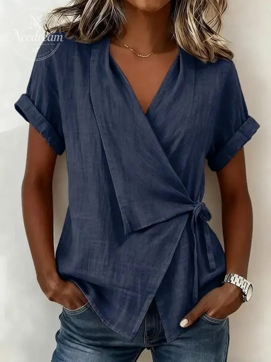Cotton And Linen Wrap Detail V Neck Short Sleeve Irregularly Shaped Hem Casual Blouse