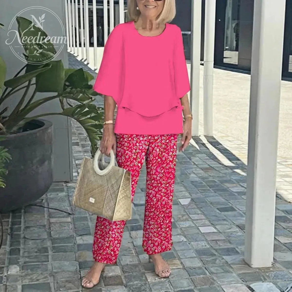 Women's Round Neck Mid-Sleeve Top With Floral Print Pants Set Two-Piece