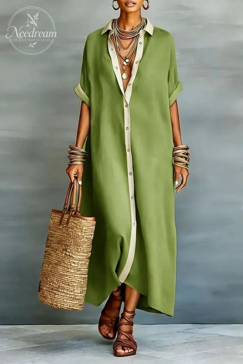 Women's Minimalist Linen Blend Short-sleeved Shirt Maxi Dress