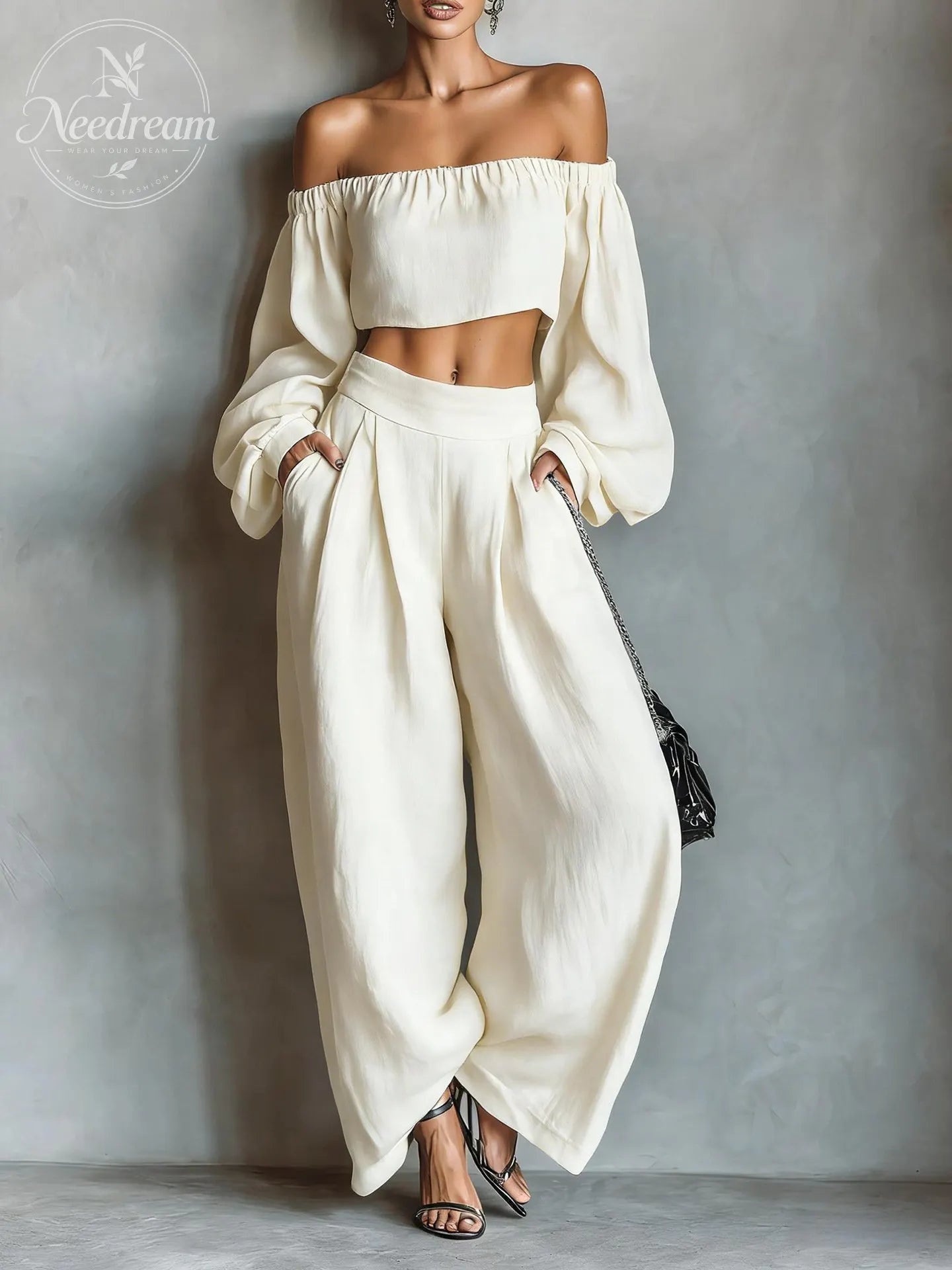 Women's Minimalist Linen Blend Strapless Long-sleeved Blouse And Wide-leg Pants Set