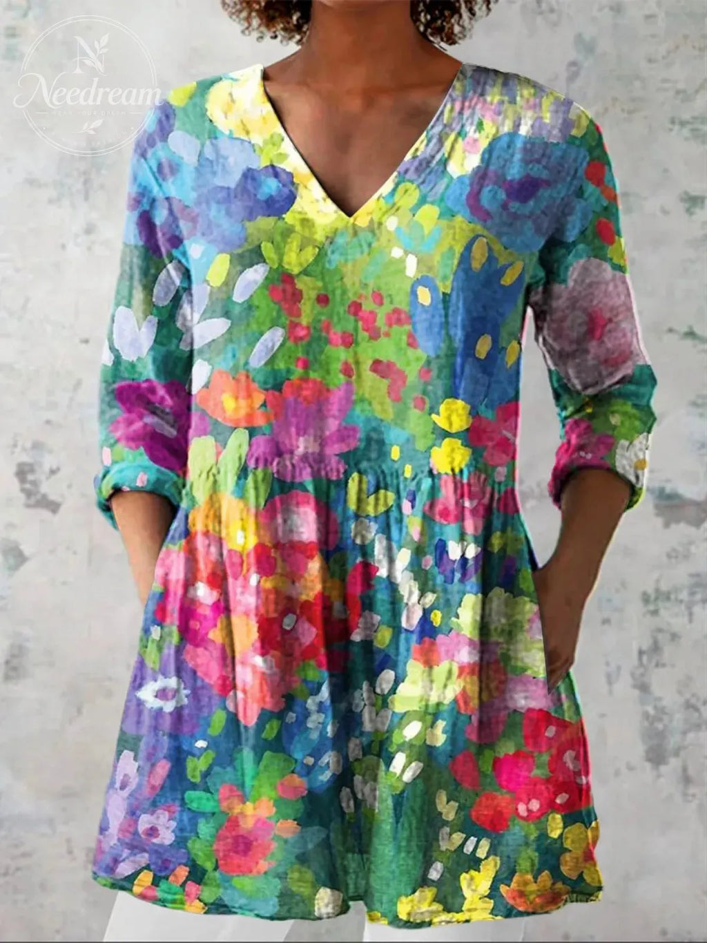 Women'S V-Neck Long-Sleeve Long Shirt