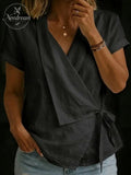 Cotton And Linen Wrap Detail V Neck Short Sleeve Irregularly Shaped Hem Casual Blouse