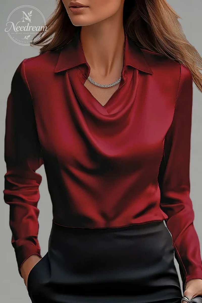 Women's Solid Turndown Collar Cowl Neck Long Sleeve Blouse