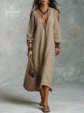 Relaxed Bohemian Cold-Shoulder Linen Midi Dress