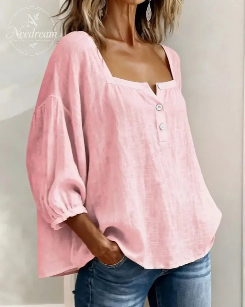 🌸Pink Square-Neck Half-Button Shirt
