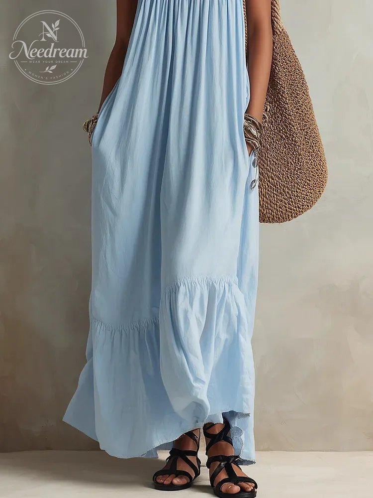 Fresh And Elegant Misty Blue Bohemian Style Long Dress With Thin Straps