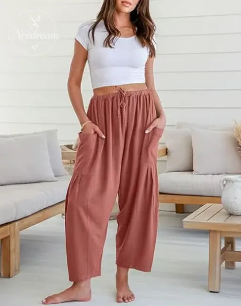 Womens Linen Wide Leg Pants Casual Loose Beach Palazzo Harem Pants with Pockets Summer Outfit