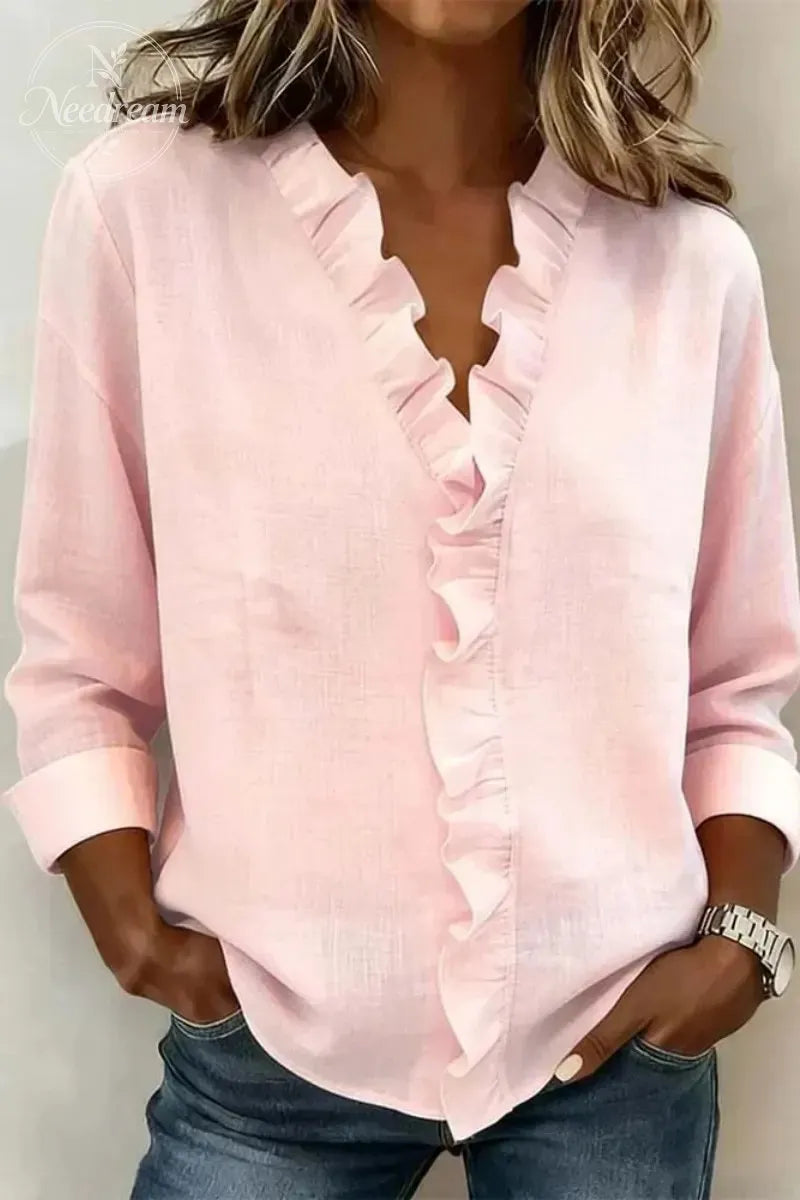 Ruffled V-Neck Long-Sleeved Cotton Shirt