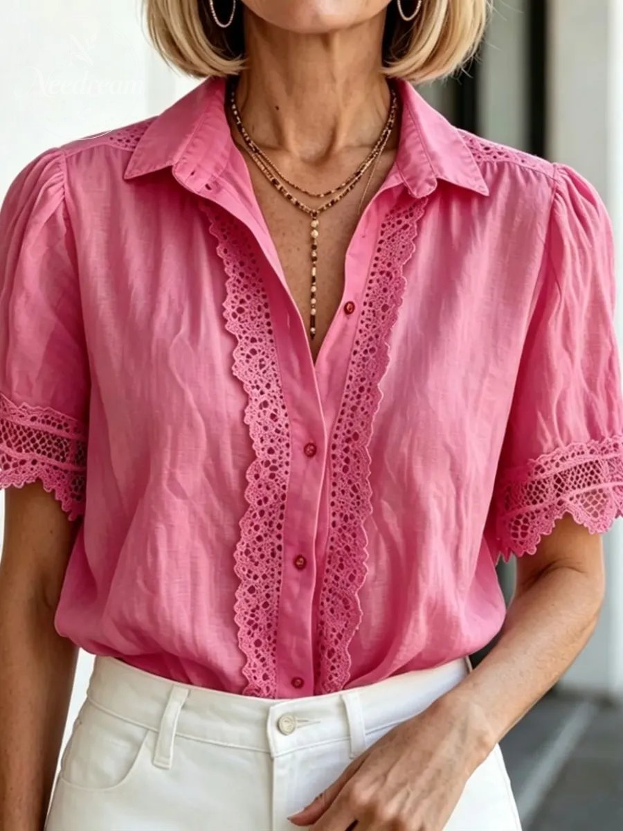 Vintage-Inspired Lace Trim White Blouse