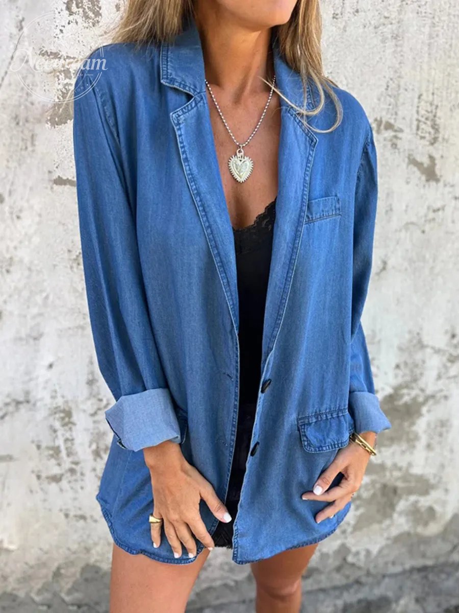 Women's Denim Cardigan Blazer Coat Notched Lapel Collar Casual Button Down Jacket with Pockets