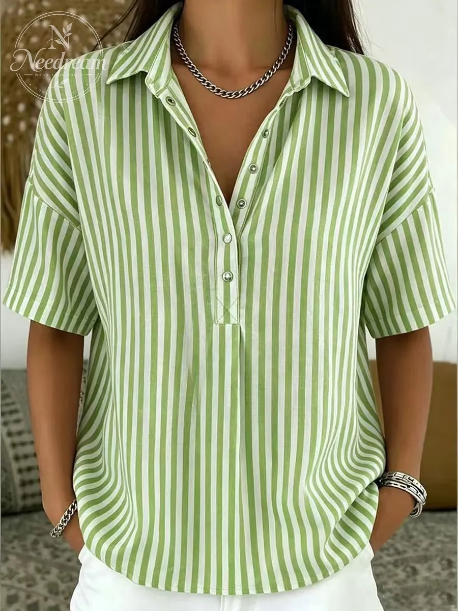 Women‘s Casual Striped Polo Collar Snap Buttons Cotton-linen Shirt