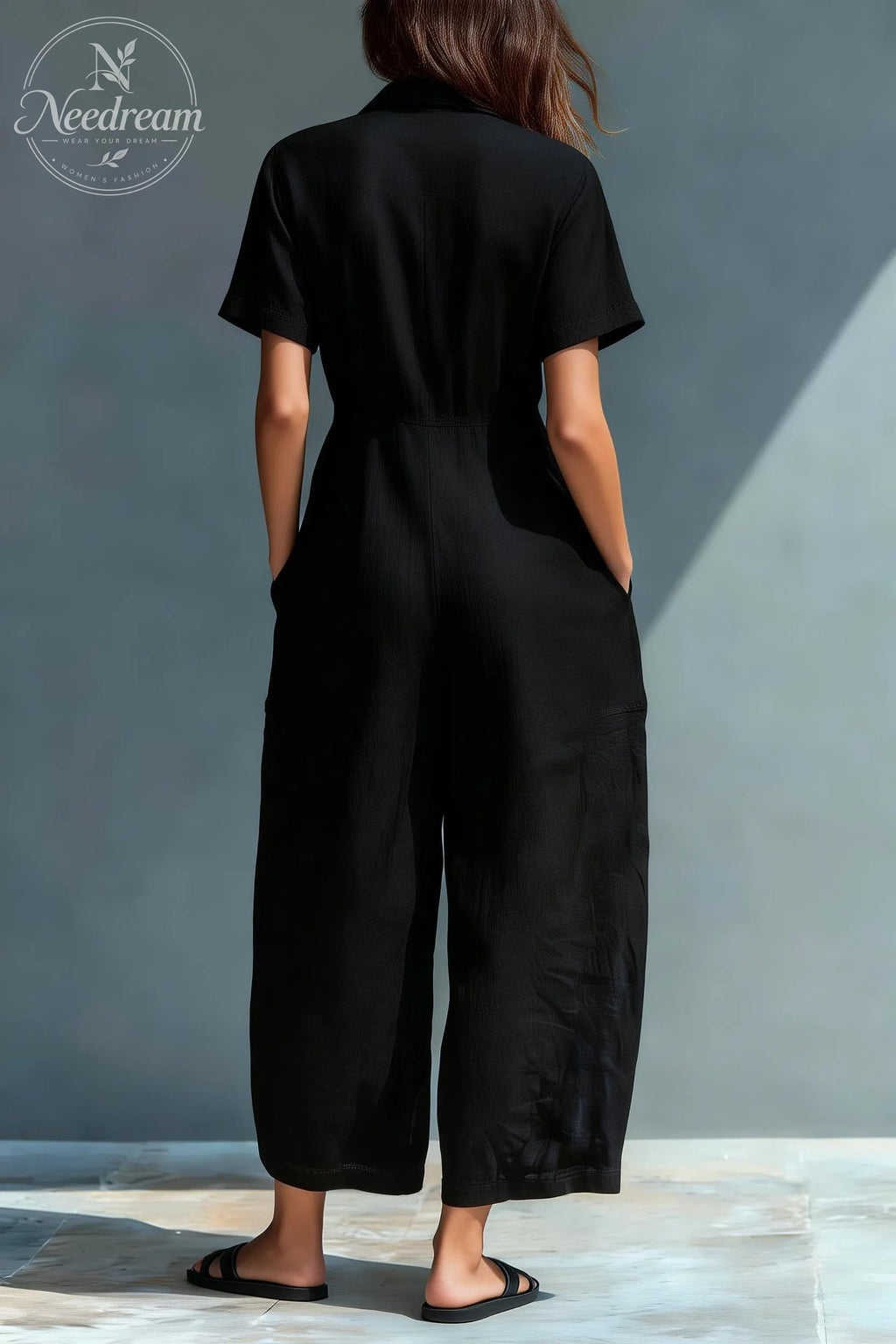 Women'S Minimalist Linen Blend Button-Down Collar Short-Sleeved Loose-Fitting Jumpsuit